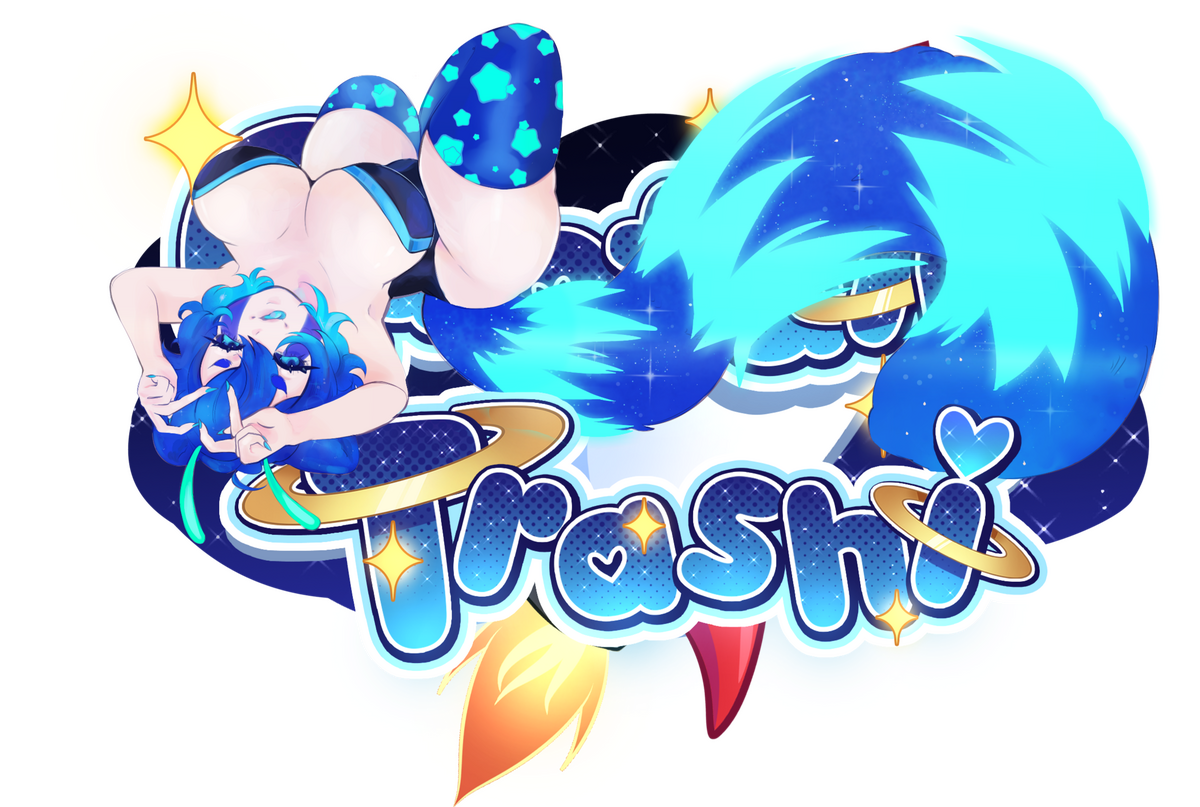 A busty Blue alien raccoon named Princess Trashi draped herself over a logo of her own name